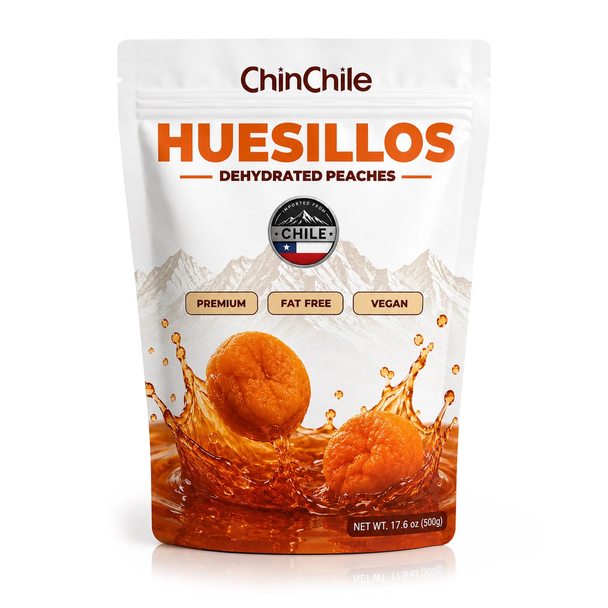 Envase de melocotones secos «Huesillos» con la marca y los detalles del producto sobre fondo blanco