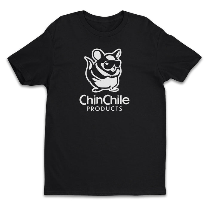 A black t-shirt with a white ChinChile logo on the front. 