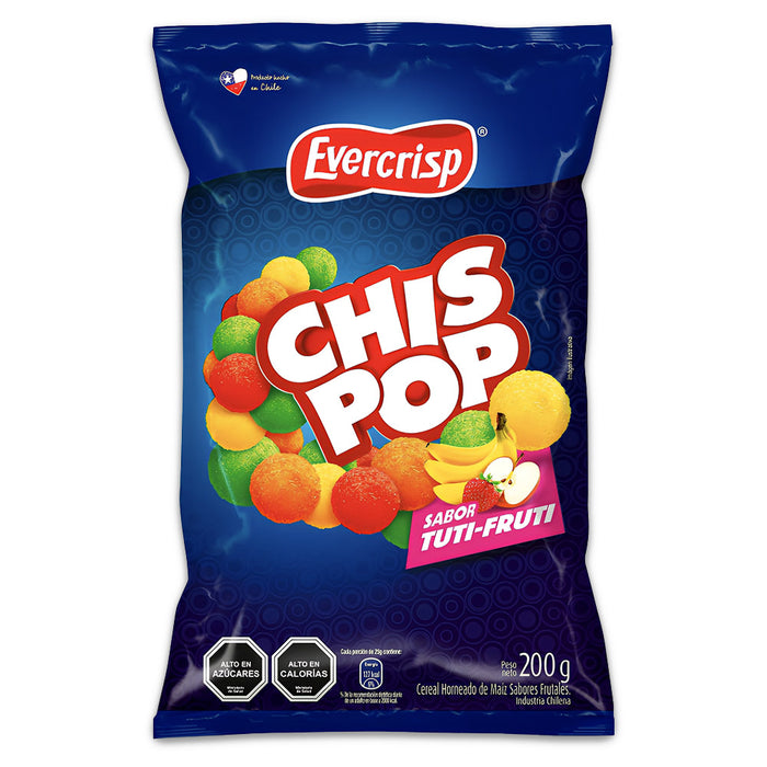 Chis Pop air-puffed fruit-flavored snack in a blue bag with colorful balls on the front.