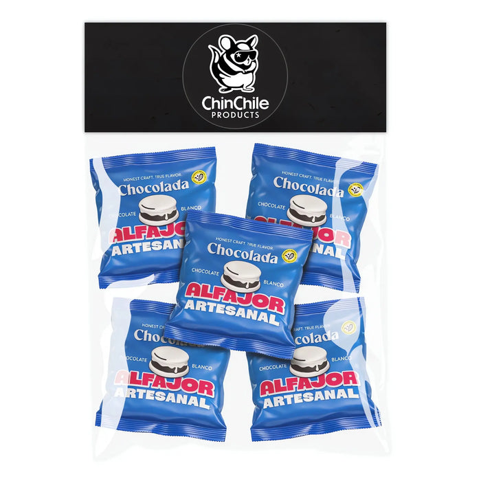 Five blue packages of Chocolada Alfajor Artesanal with a visible brand logo above.