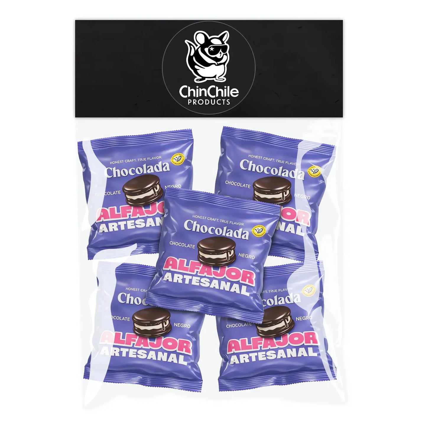 Empaque de Alfajor Artesanal Chocolada con el logotipo de ChinChile al fondo.