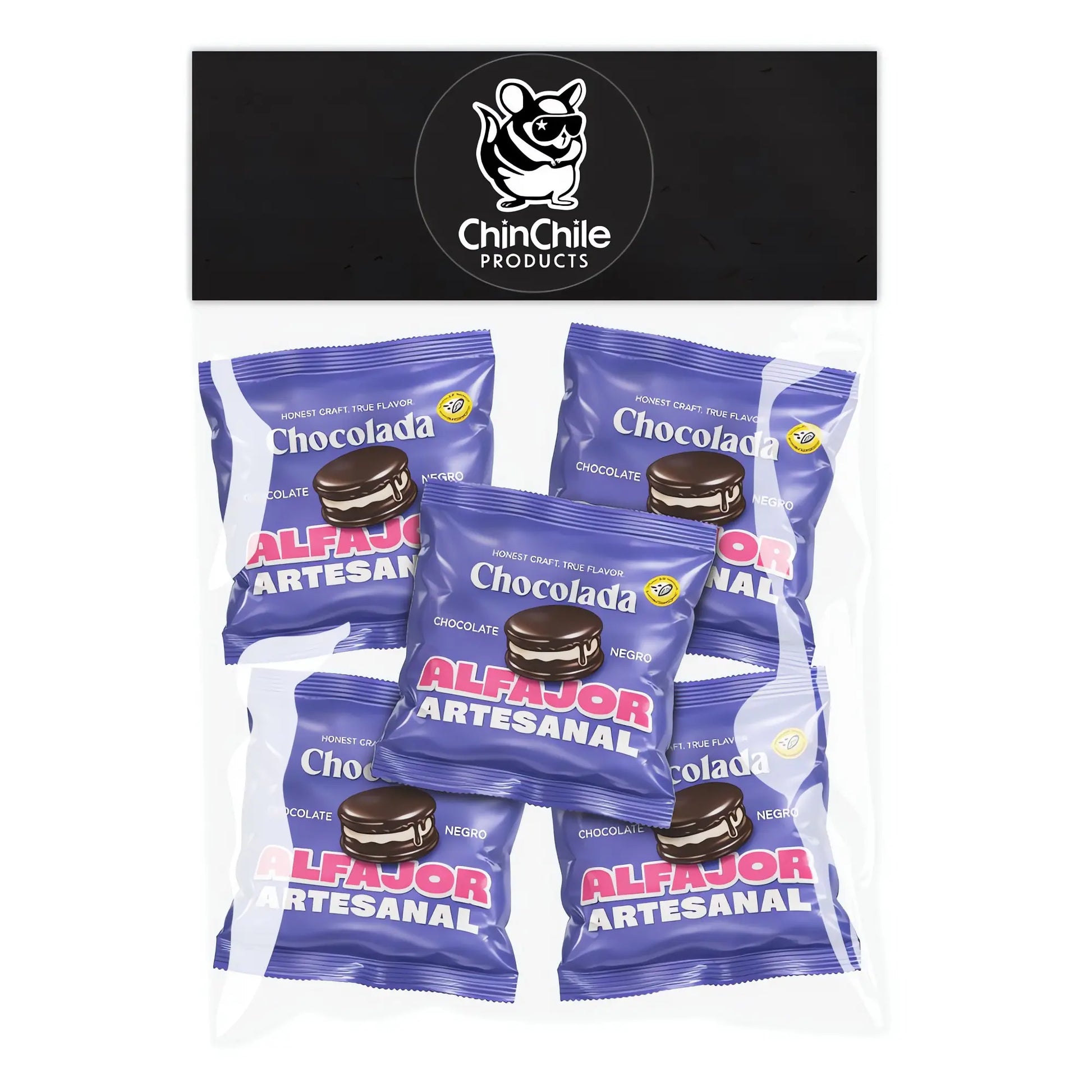 Empaque de Alfajor Artesanal Chocolada con el logotipo de ChinChile al fondo.