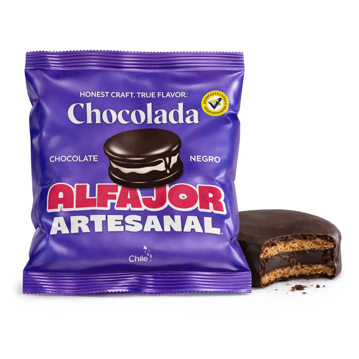 Purple package of Chocolada Alfajor Artesanal with a chocolate cookie on a white background