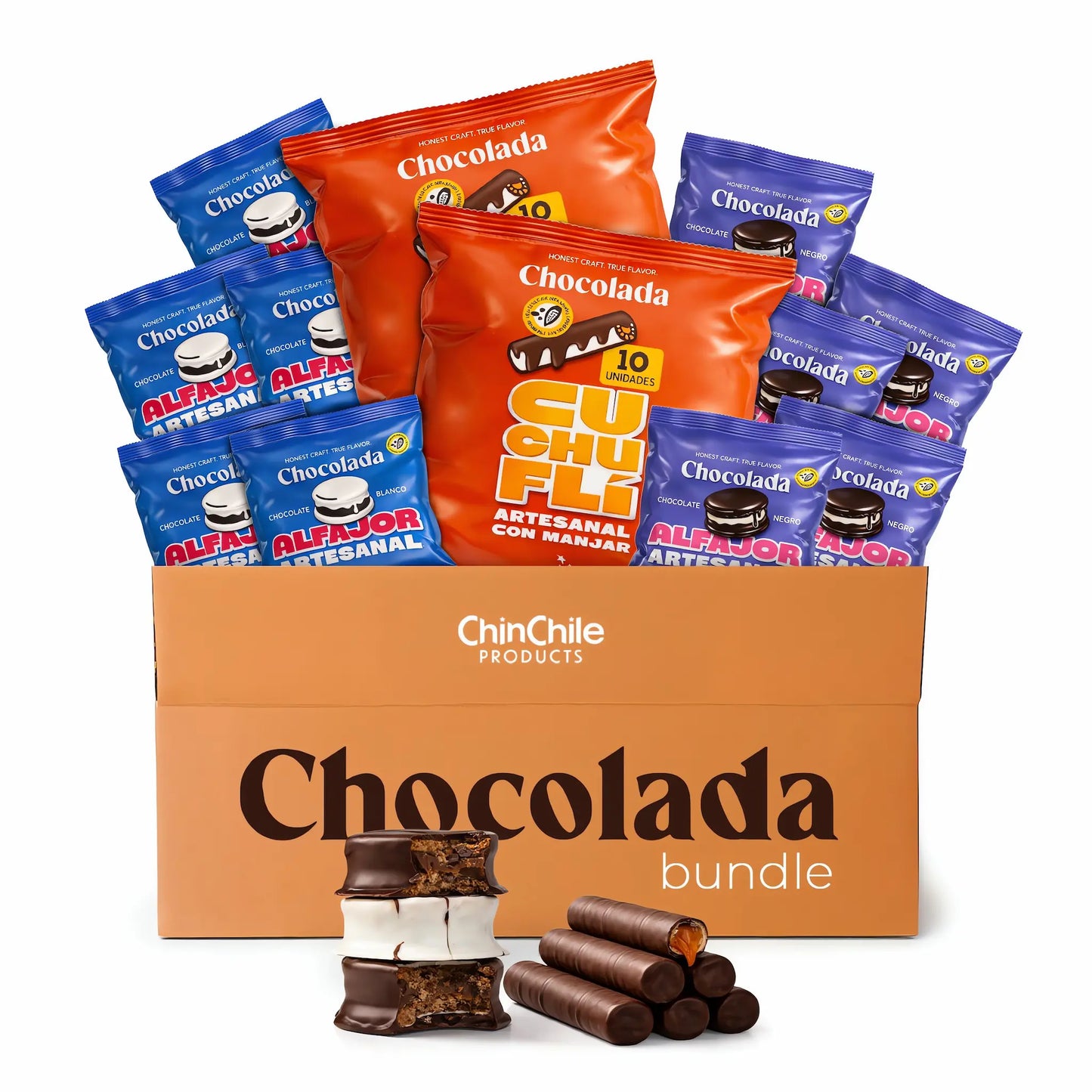 Paquete Chocolada con varios productos de chocolate en una caja sobre fondo blanco.