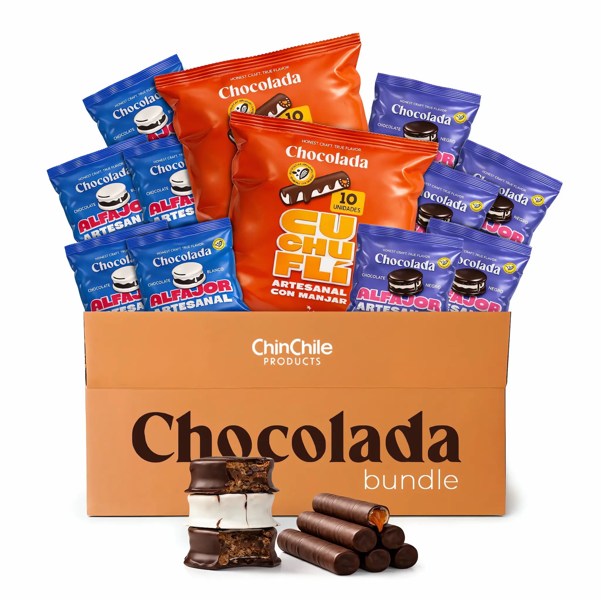 Paquete Chocolada con varios productos de chocolate en una caja sobre fondo blanco.