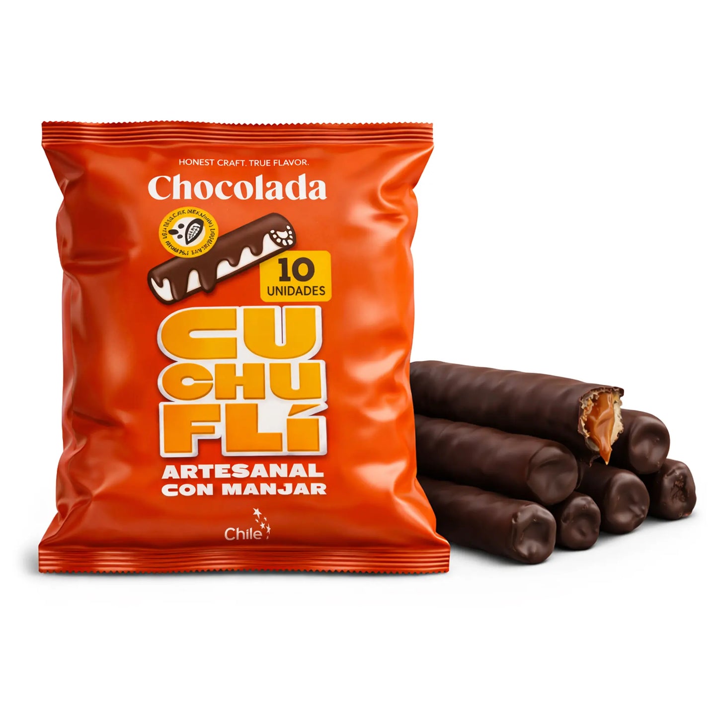 Orange packaging of Chocolada Cuchufli with chocolate snacks on a white background