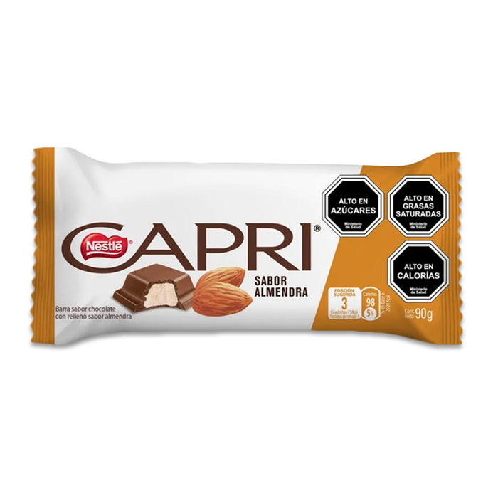 A 90 gram Chocolate Bar with white and orange packaging and almonds on the front.
