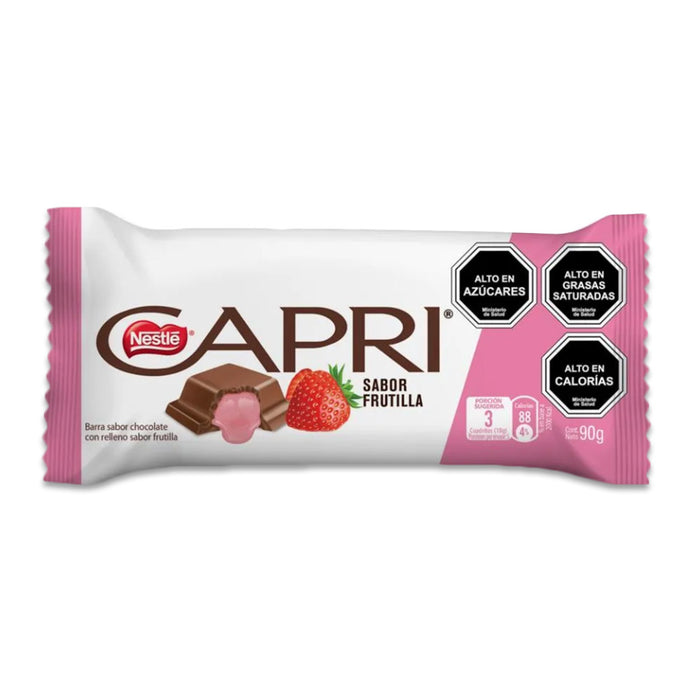 A 90 gram Chocolate Bar with white and pink packaging and strawberries on the front.