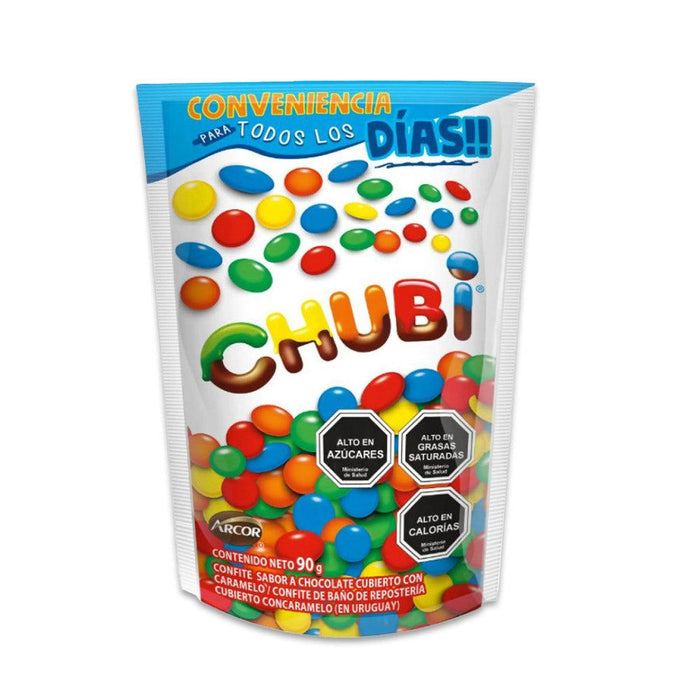A white 90 gram bag of chocolate chubi with red, yellow, blue, green, and orange candy pieces on the front.