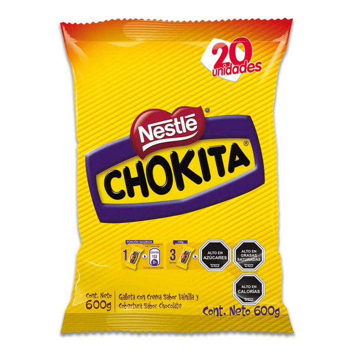 A 20 unit yellow bag of chokita chocolates with a red Nestle logo on the front.
