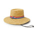 Traditional Chilean straw chupalla hat with red, white, and blue band and chin strap on white background.