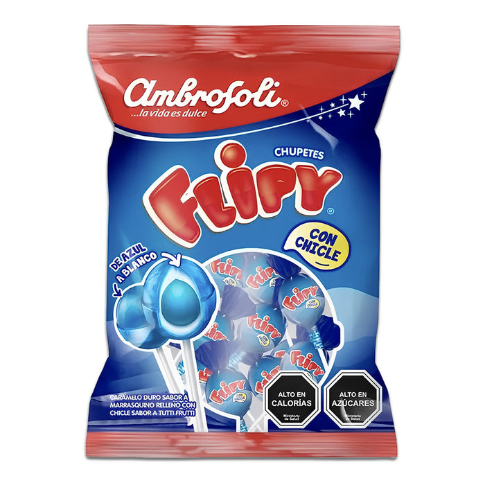 Ambrosoli Flipy Lollipops – Blue to White Lollipops with Tutti Frutti Bubblegum Center