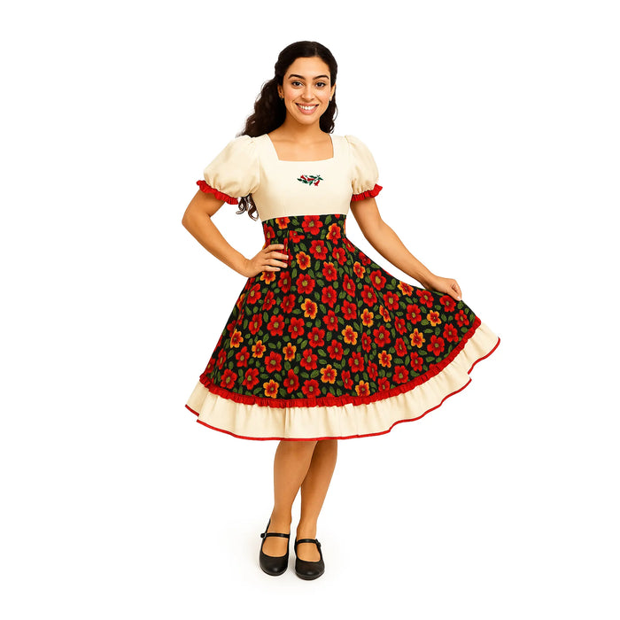 Woman in traditional Chilean dress Vestido Huasa Chinita with cream bodice and red floral skirt, folkloric outfit for cueca dance.