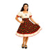 Woman in traditional Chilean dress Vestido Huasa Chinita with cream bodice and red floral skirt, folkloric outfit for cueca dance.