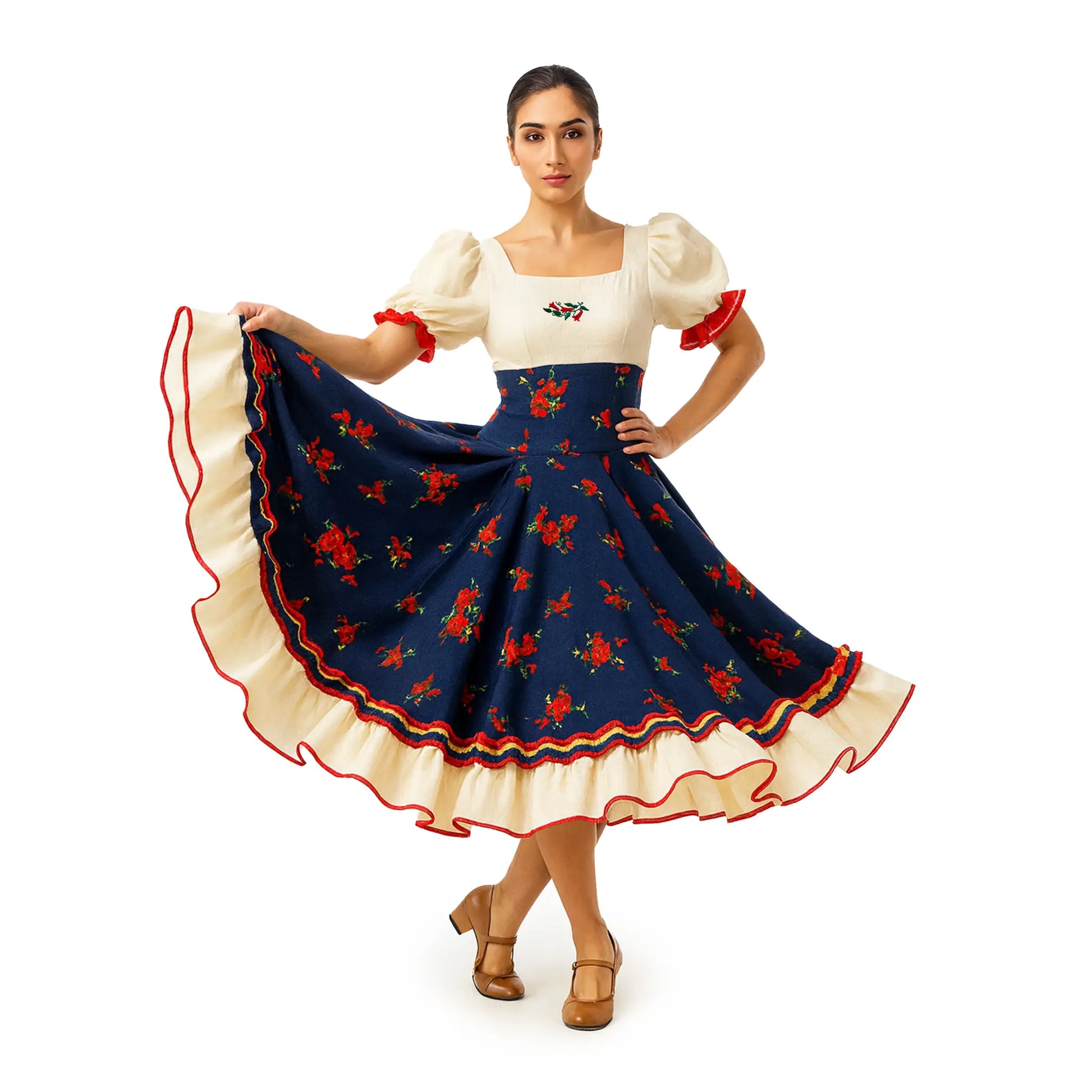 Woman wearing the Traditional Navy Floral Vestido Huasa Chinita, a Chilean cueca dress with a cream bodice and navy skirt printed with red roses.