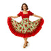 Young woman wearing Vestido Huasa Chinita traditional Chilean dress with red bodice and white floral skirt, smiling and holding the skirt open.