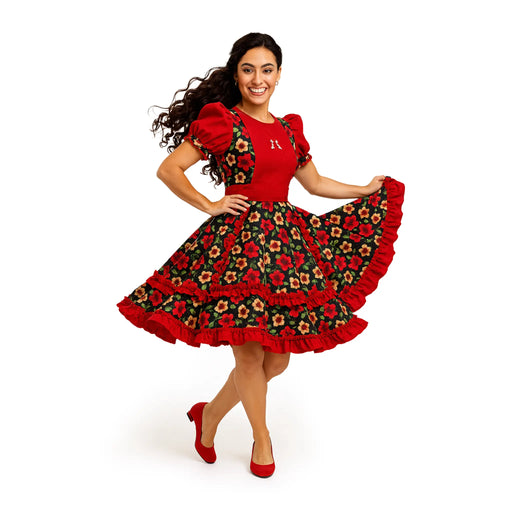 Smiling woman wearing traditional Chilean dress Vestido Huasa Chinita in red with black floral skirt, dancing outfit for cueca and Fiestas Patrias.