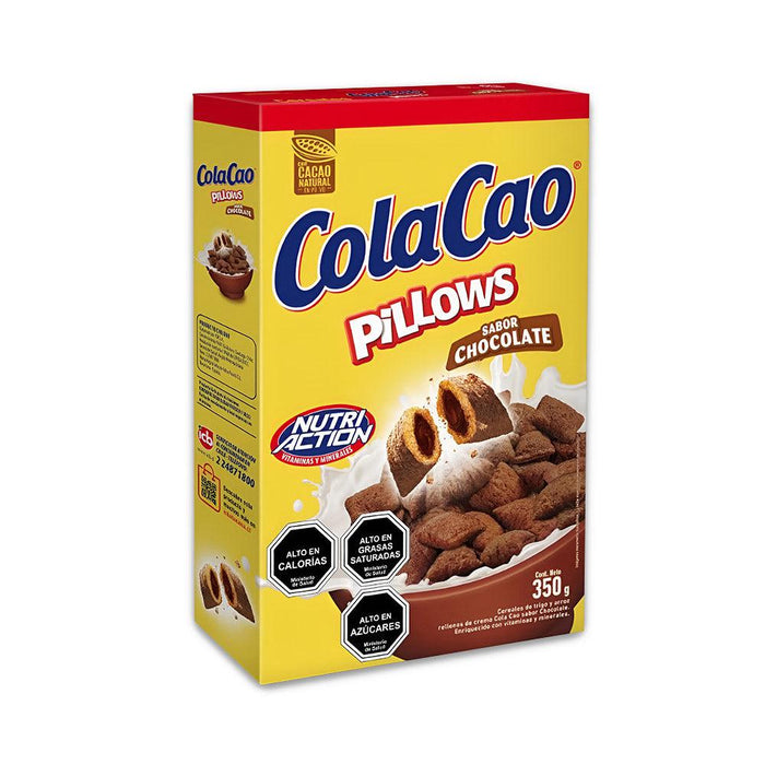 ColaCao Pillows chocolate-flavored breakfast cereal box, 350g, featuring wheat and rice pillows filled with ColaCao chocolate cream.