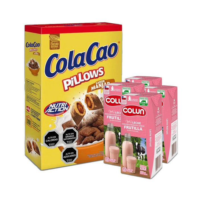 ColaCao Pillows cereal box filled with manjar and four 200ml boxes of Colun strawberry milk.