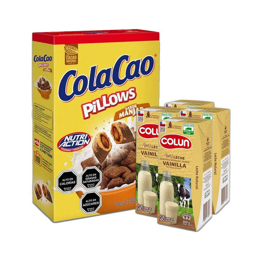 ColaCao Pillows cereal box filled with manjar and four 200ml boxes of Colun vanilla milk.