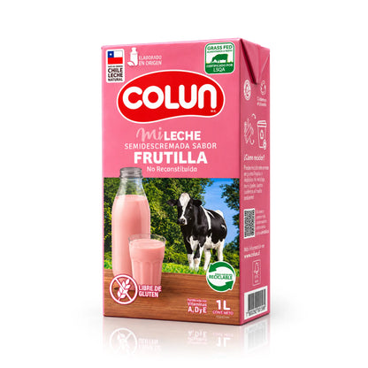 A 1 L carton of Colun Mi Leche sabor Frutilla, Chilean semi skim strawberry milk, with a bottle and glass of pink milk
