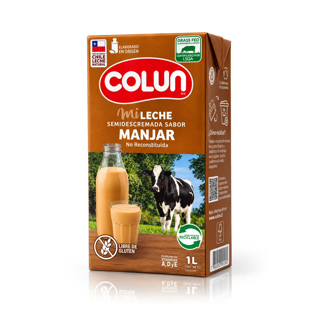 A 1 L carton of Colun Mi Leche sabor Manjar, Chilean semi skim manjar flavored milk, with a bottle and glass of caramel colored milk
