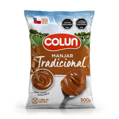 Bolsa de 500 g de Manjar Colun - Caramelo de leche chileno para untar en envase marrón.