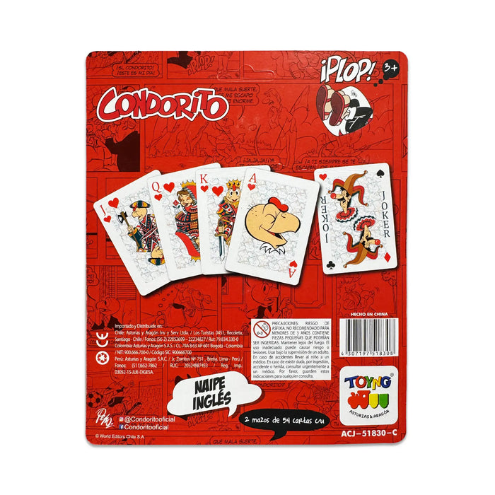 Condorito Plop playing cards back packaging – sample illustrated cards featuring Condorito characters including Queen, King, Ace, and Joker
