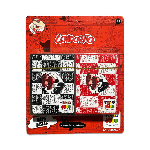 Condorito Plop playing cards front packaging – two decks of 54 cards each in black and red designs with cartoon character Condorito