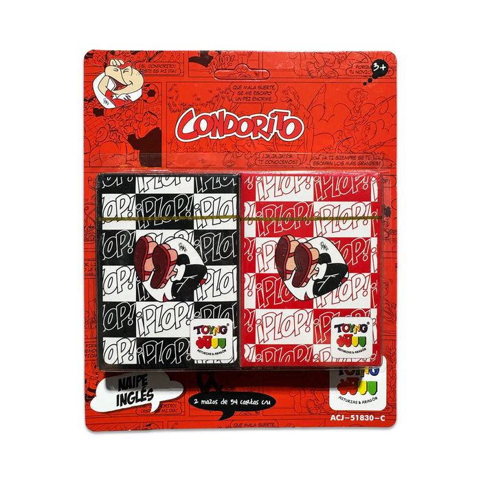 Condorito Plop playing cards front packaging – two decks of 54 cards each in black and red designs with cartoon character Condorito