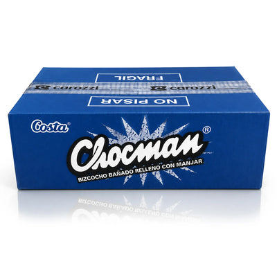 A blue box of Costa Chocman filled, featuring white and black branding and a silver foil seal on top, set against a plain white background with a soft reflection.