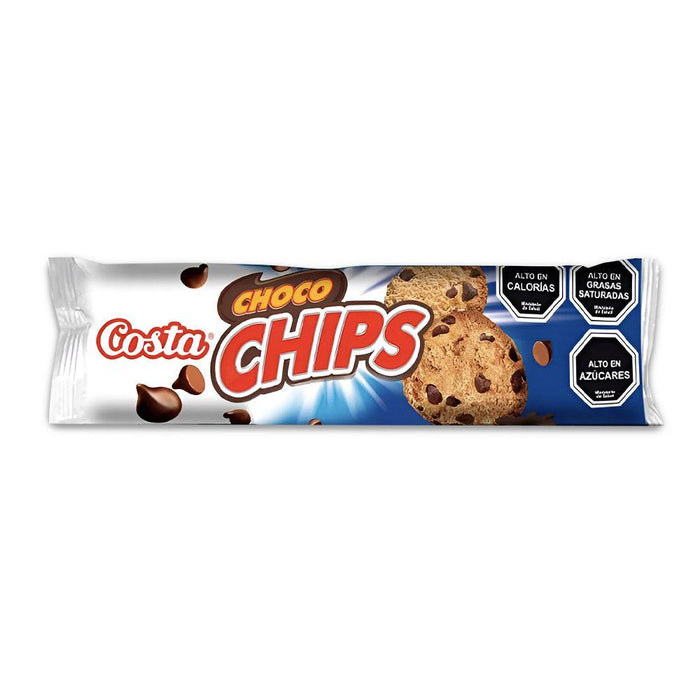 White and blue Costa Choco Chips package with chocolate chip cookies exploding and chocolate chips flying everywhere.