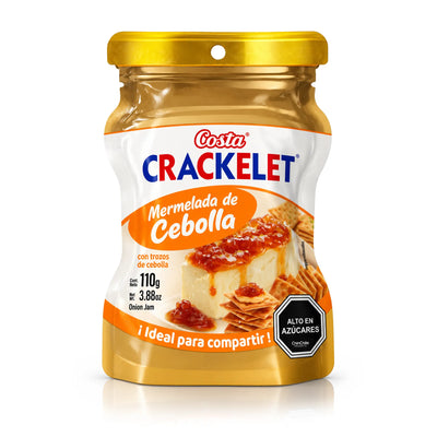 A 3.88 oz (110 g) pouch of Costa Crackelet Mermelada de Cebolla, Chilean onion jam, shown with cheese and crackers