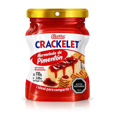 A 3.88 oz (110 g) pouch of Costa Crackelet Mermelada de Pimentón, Chilean red pepper jam, shown with cheese and crackers