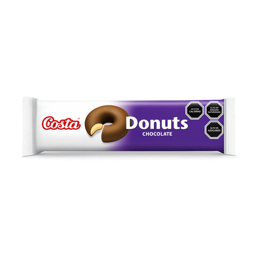 Packaged chocolate donuts with Costa branding on a white background