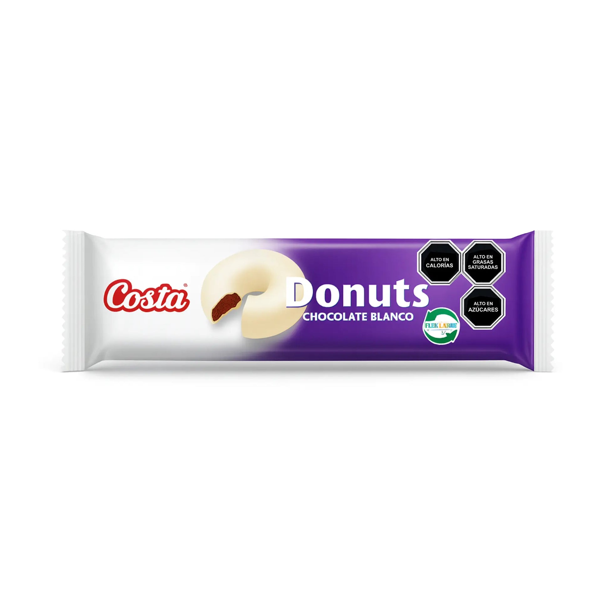 Donuts envasados con la marca Costa sobre fondo blanco