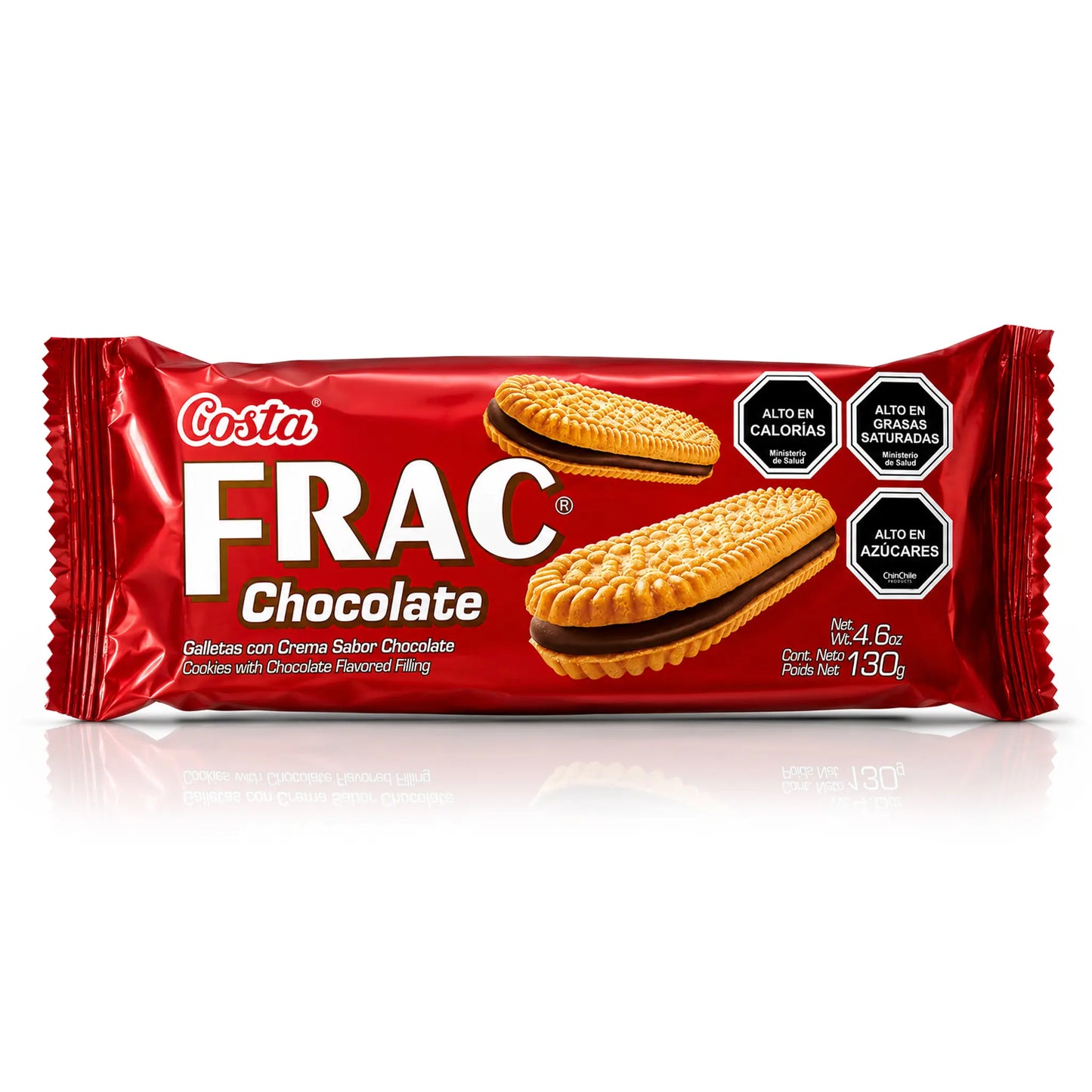 Un solo paquete de galletas de chocolate Costa Frac sobre un fondo blanco limpio con un suave reflejo. El envase es de color rojo brillante, con texto en blanco y amarillo, y muestra dos galletas rellenas de chocolate.