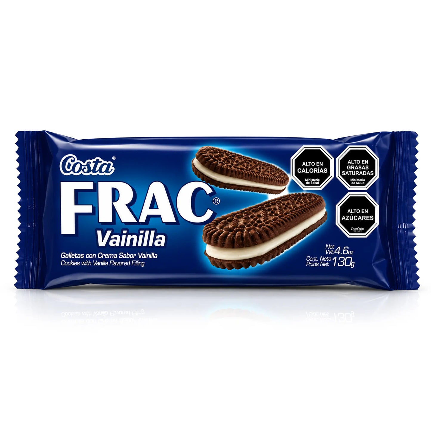 Un solo paquete de galletas Costa Frac Vainilla sobre un fondo blanco limpio. El envoltorio azul muestra dos galletas de chocolate rellenas con sabor a vainilla y varias etiquetas negras con advertencias sanitarias en el lado derecho.
