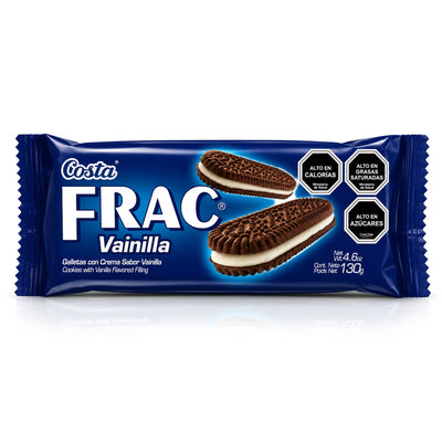 Un solo paquete de galletas Costa Frac Vainilla sobre un fondo blanco limpio. El envoltorio azul muestra dos galletas de chocolate rellenas con sabor a vainilla y varias etiquetas negras con advertencias sanitarias en el lado derecho.