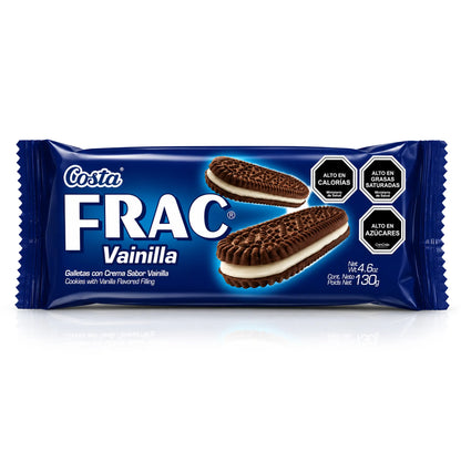 Un solo paquete de galletas Costa Frac Vainilla sobre un fondo blanco limpio. El envoltorio azul muestra dos galletas de chocolate rellenas con sabor a vainilla y varias etiquetas negras con advertencias sanitarias en el lado derecho.