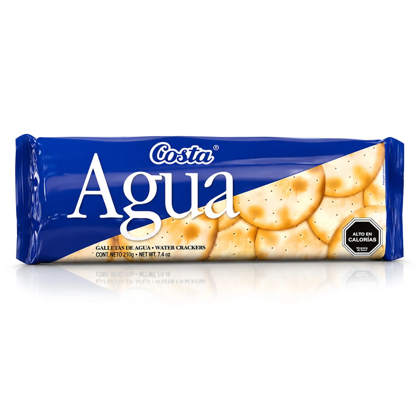 Packaged Costa Agua crackers with blue and white design on a white background