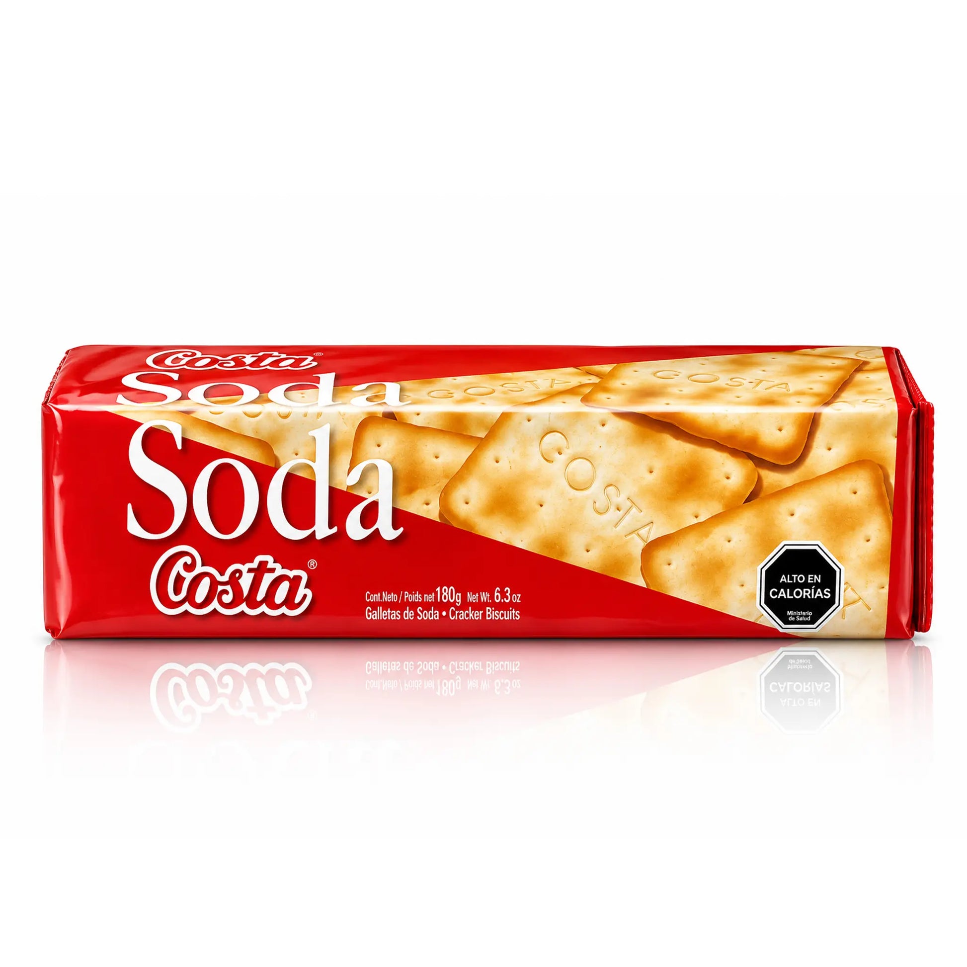 Packaged Costa soda crackers with red packaging on a white background.