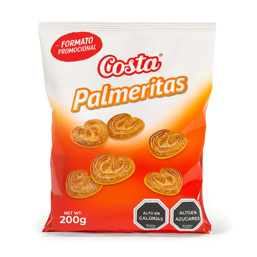 Packaging of Costa Palmeritas snacks with red and orange gradient