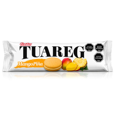 Un paquete blanco de galletas de mango y piña de la marca Tuareg sobre un fondo blanco.