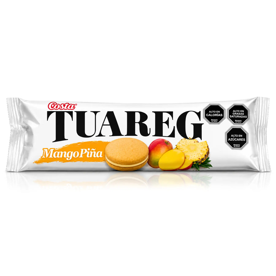 Un paquete blanco de galletas de mango y piña de la marca Tuareg sobre un fondo blanco.