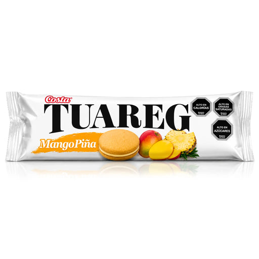 A white package of Tuareg mango/pineapple cookies on a white background.