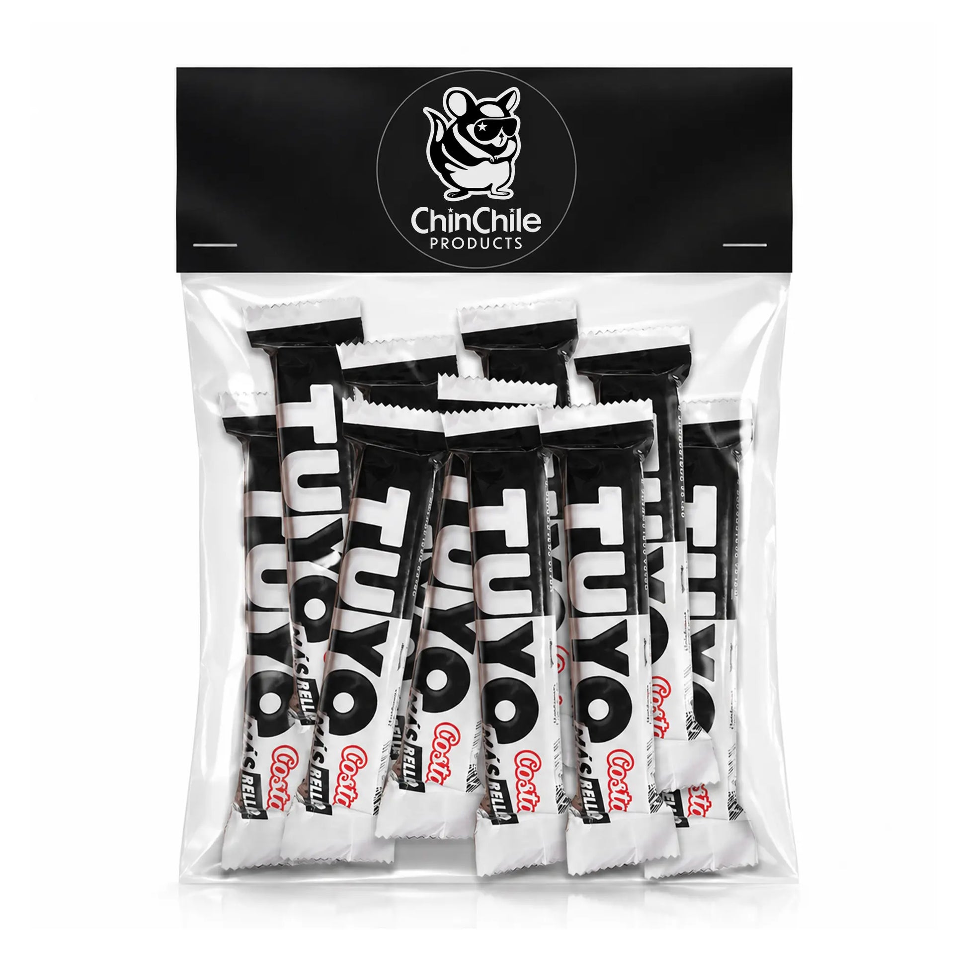 Una bolsa de 10 unidades de chocolate Tuyo con envases blancos y negros sobre un fondo blanco.