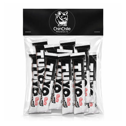 Una bolsa de 10 unidades de chocolate Tuyo con envases blancos y negros sobre un fondo blanco.