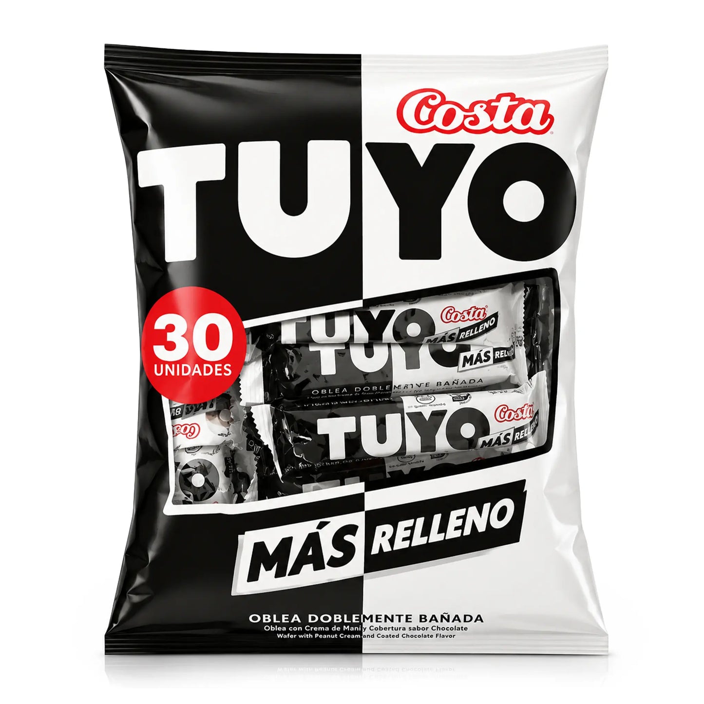 Una gran bolsa en blanco y negro con tabletas de chocolate Tuyo sobre un fondo blanco.