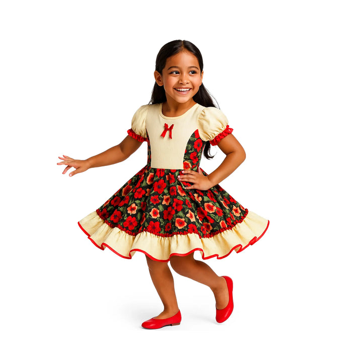 Young girl wearing a floral dress with a white background